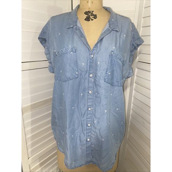 Jachs Girlfriend Chambray Blue Palm Tree Print Button Up Shirt Womens Size Large - Picture 1 of 11